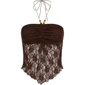 image:imageFloerns Womens Beaded Halter Ruched Lettuce Trim Ruched Cami Crop Tube TopA Brown