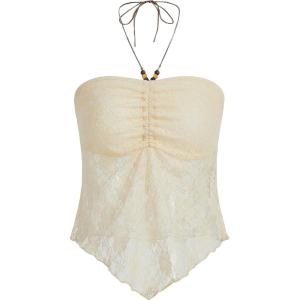 image:imageFloerns Womens Beaded Halter Ruched Lettuce Trim Ruched Cami Crop Tube TopBeige