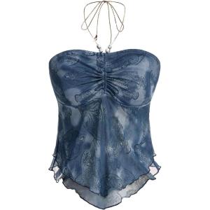 image:imageFloerns Womens Beaded Halter Ruched Lettuce Trim Ruched Cami Crop Tube TopBlue