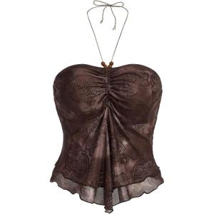 image:imageFloerns Womens Beaded Halter Ruched Lettuce Trim Ruched Cami Crop Tube TopBrown a