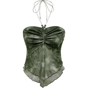 image:imageFloerns Womens Beaded Halter Ruched Lettuce Trim Ruched Cami Crop Tube TopDark Green