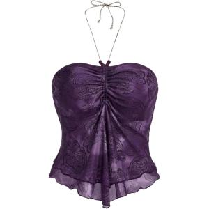 image:imageFloerns Womens Beaded Halter Ruched Lettuce Trim Ruched Cami Crop Tube TopPurple