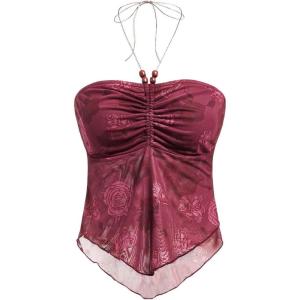image:imageFloerns Womens Beaded Halter Ruched Lettuce Trim Ruched Cami Crop Tube TopRed