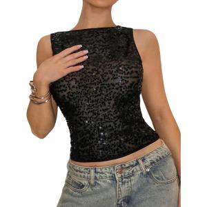 image:imageFloerns Womens Beads Sequins Clubwear Sleeveless Boat Neck Solid Party Tank TopBlack