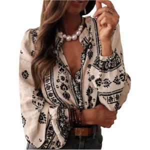 image:imageFloerns Womens Bohemian Bishop Sleeve Blouse Top V Neck Floral Button Down ShirtsApricot