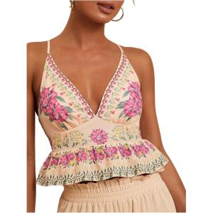 image:imageFloerns Womens Boho Tropical Spaghetti Strap Camisole Ruffle Hem Vacation Cami TopBeige Multi