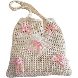 image:imageFloerns Womens Bow Crochet Hollow Out Shoulder Tote Bag Cute Casual Knitted Totes HandbagsBeige and Pink