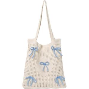 image:imageFloerns Womens Bow Crochet Hollow Out Shoulder Tote Bag Cute Casual Knitted Totes HandbagsLight Blue