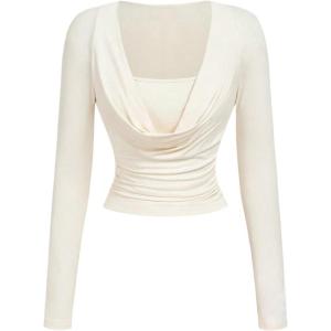 image:imageFloerns Womens Casual Cowl Neck Long Sleeve T Shirts Draped Ruched Fitted TopsApricot