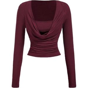 image:imageFloerns Womens Casual Cowl Neck Long Sleeve T Shirts Draped Ruched Fitted TopsBurgundy