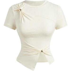 image:imageFloerns Womens Casual Short Sleeve T Shirt Ruched Asymmetrical Hem Crewneck Summer Tee TopsApricot