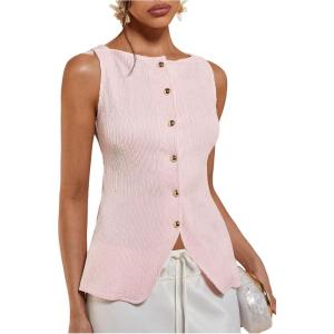 image:imageFloerns Womens Casual Sleeveless Button Down Tank Top Crew Neck Textured CamisoleLight Pink