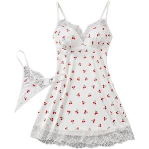 image:imageFloerns Womens Cherry Lingerie Dress Lace Trim Chemise Babydoll Nightgown Sleepwear with ThongWhite