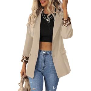 image:imageFloerns Womens Contrast Leopard Blazer Lapel Button Down Long Sleeve Office Blazer JacketKhaki
