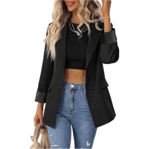 image:imageFloerns Womens Contrast Leopard Blazer Lapel Button Down Long Sleeve Office Blazer JacketSolid Black