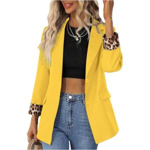 image:imageFloerns Womens Contrast Leopard Blazer Lapel Button Down Long Sleeve Office Blazer JacketYellow