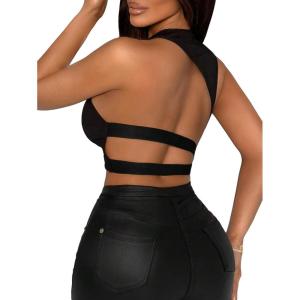 image:imageFloerns Womens Cut Out Backless Crop Tank Top Sleeveless Crew Neck Ribbed TopsBlack