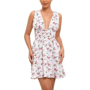 image:imageFloerns Womens Cut Out Backless Sleeveless Shirred Floral A Line Short DressWhite