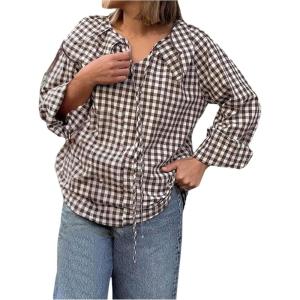 image:imageFloerns Womens Cute Plaid Long Sleeve Shirts Gingham Tie Front Going Out Fall Blouse TopsCoffee Brown