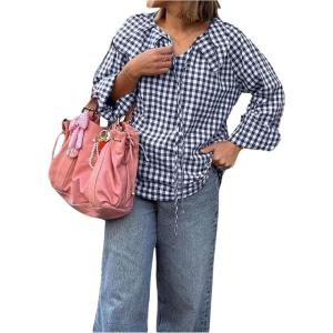 image:imageFloerns Womens Cute Plaid Long Sleeve Shirts Gingham Tie Front Going Out Fall Blouse TopsDark Blue