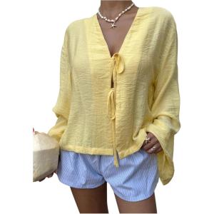 image:imageFloerns Womens Cute V Neck Blouse Top Bell Sleeve Tie Front Loose Fit Going Out TopsYellow