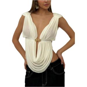 image:imageFloerns Womens Deep V Neck Draped Tank Tops Sleeveless Ruched Party Going Out TopsWhite