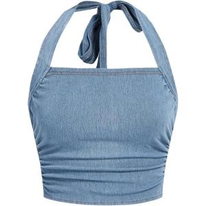 image:imageFloerns Womens Denim Ruched Sleeveless Tie Neck Backless Cropped Halter TopsBlue