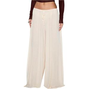 image:imageFloerns Womens Drawstring Waist Wide Leg Pants Lightweight Beach Palazzo PantsApricot