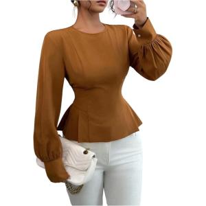 image:imageFloerns Womens Elegant Bishop Sleeve Blouses Crewneck Smocked Dressy Casual Peplum TopBrown