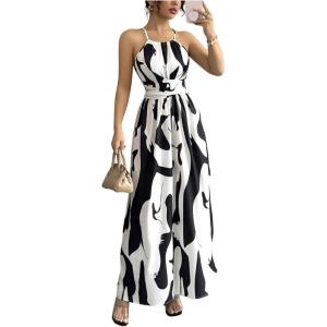 image:imageFloerns Womens Elegant Graphic Halter Dress Sleeveless Tie Back Cocktail Wedding Guest Flowy Maxi DressesBlack and White