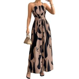 image:imageFloerns Womens Elegant Graphic Halter Dress Sleeveless Tie Back Cocktail Wedding Guest Flowy Maxi DressesKhaki