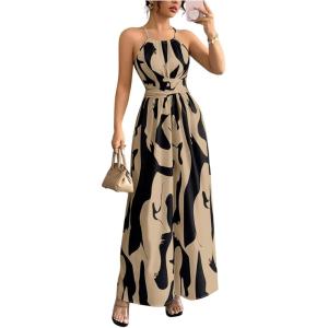 image:imageFloerns Womens Elegant Graphic Halter Dress Sleeveless Tie Back Cocktail Wedding Guest Flowy Maxi DressesMocha Brown