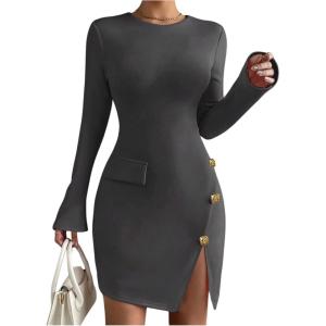 image:imageFloerns Womens Elegant Long Sleeve Fall Dress Split Business Casual Office Bodycon Mini DressesGrey