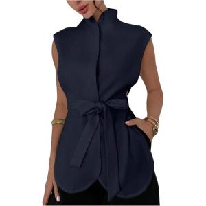 image:imageFloerns Womens Elegant Mock Neck Vest Tie Front Sleeveless Office Lightweight JacketDark Blue