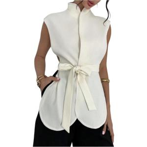 image:imageFloerns Womens Elegant Mock Neck Vest Tie Front Sleeveless Office Lightweight JacketWhite