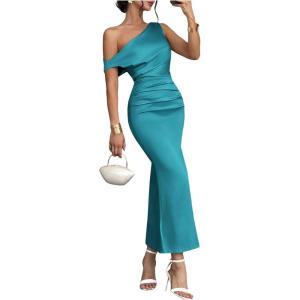 image:imageFloerns Womens Elegant Off The Shoulder Dress Ruched Sleeveless Bodycon Wedding Guest Maxi DressesCadet Blue