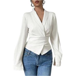 image:imageFloerns Womens Elegant Shawl Collar Shirts Long Sleeve Wrap Tie Back Work Blouse TopsApricot