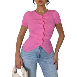 image:imageFloerns Womens Fall Outfits Ruched Button Down Lightweight Sweater Tops Short Sleeve Ruffle Trim Rib Knitted Blouse ShirtsHot Pink