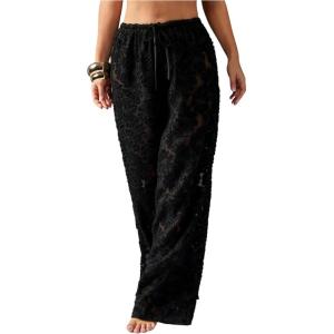 image:imageFloerns Womens Floral Applique Wide Leg Pants Drawstring Elastic Waist Sheer Loose Fit TrousersBlack