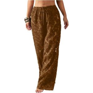 image:imageFloerns Womens Floral Applique Wide Leg Pants Drawstring Elastic Waist Sheer Loose Fit TrousersDark Brown