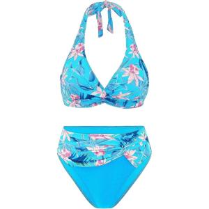 image:imageFloerns Womens Floral Bikini Sets Twist Front Halter Swimsuit Ruched 2 Piece Bathing SuitBlue