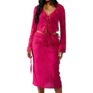 image:imageFloerns Womens Floral Chiffon Blouses Tie Front Ruffle V Neck Long Sleeve Crop TopsHot Pink