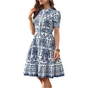 image:imageFloerns Womens Floral Dress Mock Neck Short Sleeve Button Ruffle A Line DressesBlue