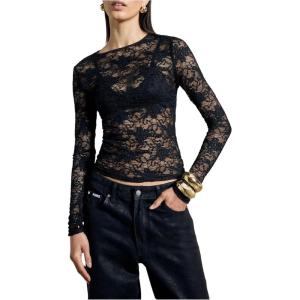 image:imageFloerns Womens Floral Lace Sheer T Shirt Long Sleeve Crew Neck Party Fitted TopsBlack