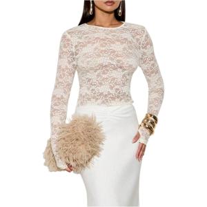 image:imageFloerns Womens Floral Lace Sheer T Shirt Long Sleeve Crew Neck Party Fitted TopsCream