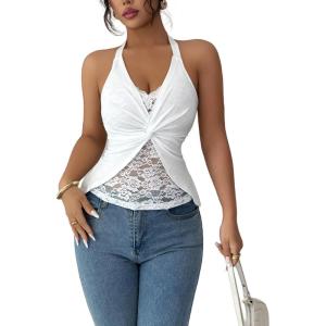 image:imageFloerns Womens Floral Lace Twist Front Halter Top Sleeveless Tie Neck Fitted Summer TopsWhite