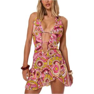 image:imageFloerns Womens Floral Leopard Halter Dress Deep V Neck Backless Ruffle Mini DressesPink Multi