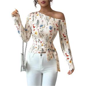 image:imageFloerns Womens Floral Long Sleeve T Shirts Off The Shoulder Dressy Casual Fall Outfit Boho TopsBeige Multi