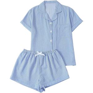 image:imageFloerns Womens Floral Pajamas Notch Collar Print Sleepwear Two Piece Pajama SetBlue and White Striped