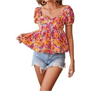 image:imageFloerns Womens Floral Print Ruffle Hem Blouse Sweetheart Neck Puff Sleeve Vacation Peplum TopPink Multi